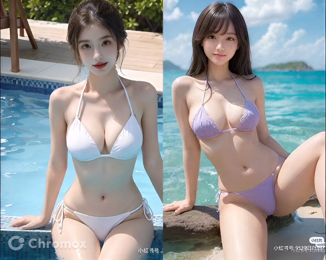 AI Art Two Pictures Of A Woman In Bikinis Next To A Pool By