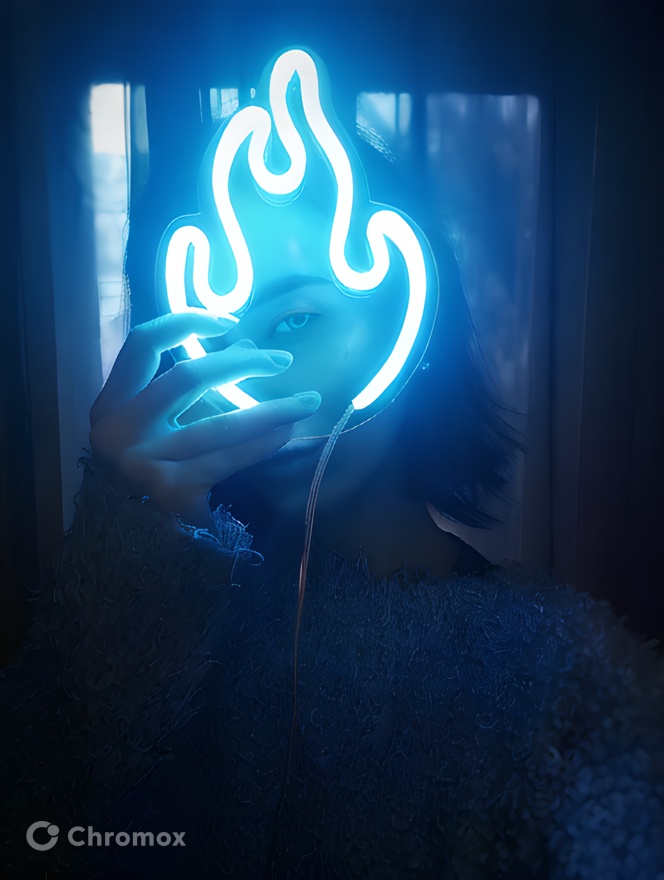 AI Art: a girl is holding a neon flame mask in front of her face. by ...